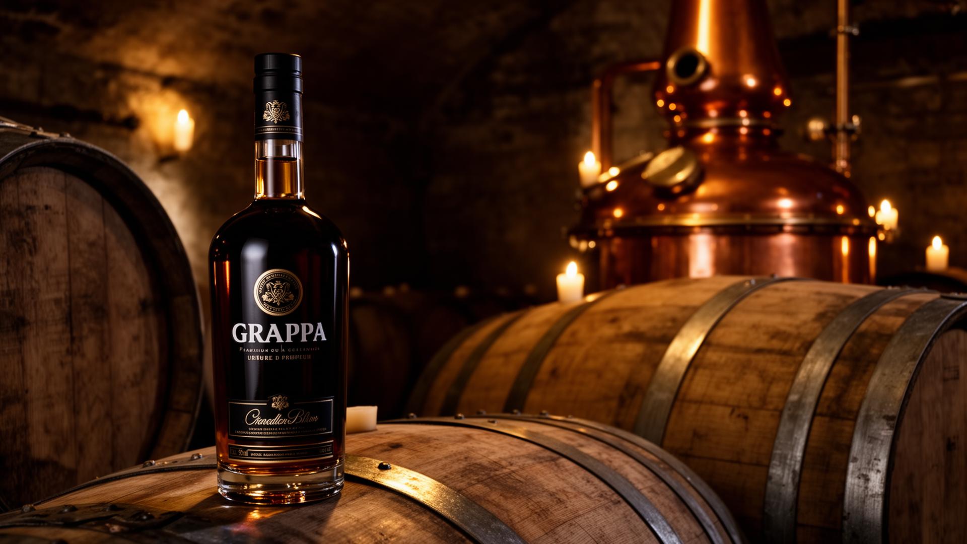 Garrafa de grappa premium em adega artesanal